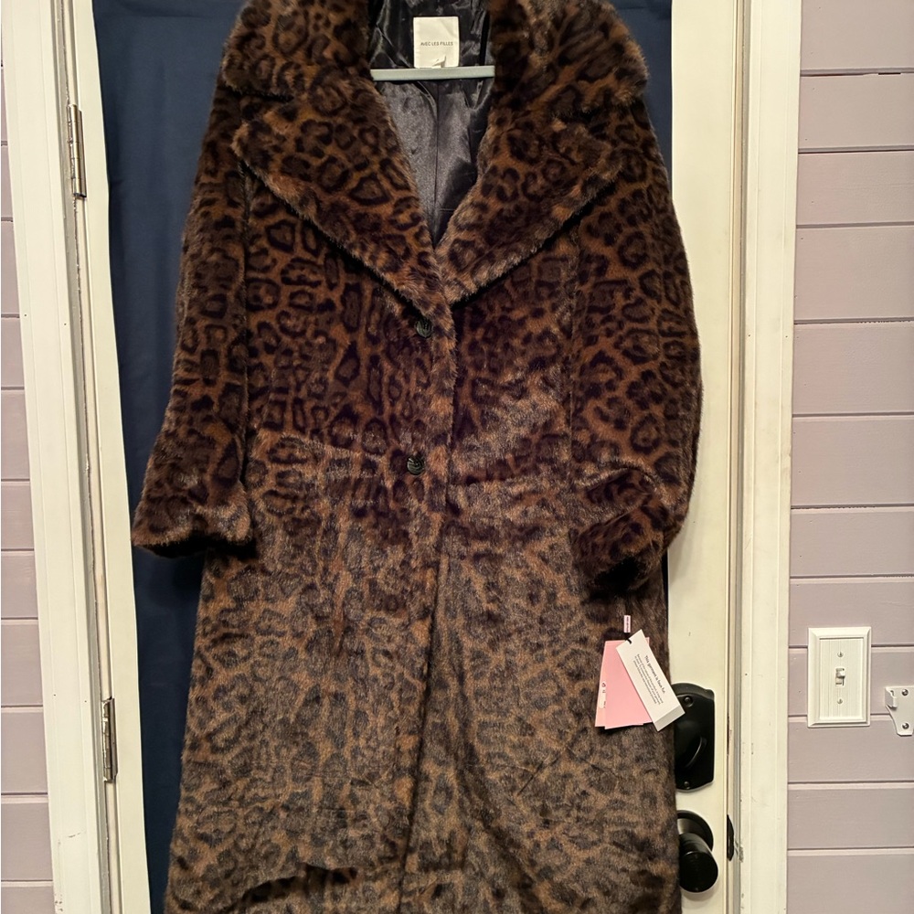 Avec Les Filles Brown Leopard Teddy Mid-Length Coat